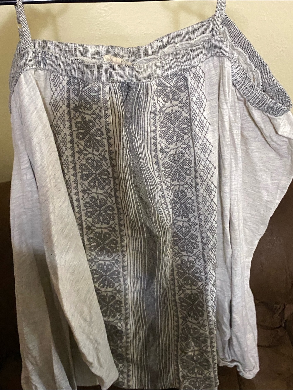 Boho Gray & Ivory Off-Shoulder Peasant Top